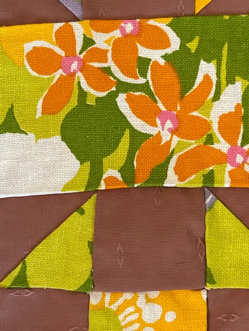 Vintage Vibrant Floral Patchwork Quilt Mid-Century Colors Yellow & Brown 64x80
